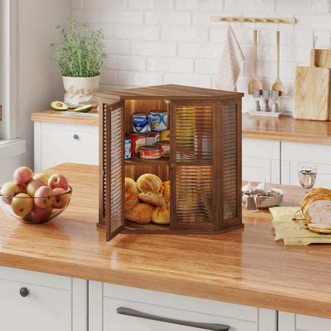 WouZglk acacia bread box two-tier storage for large loaves and pastries.