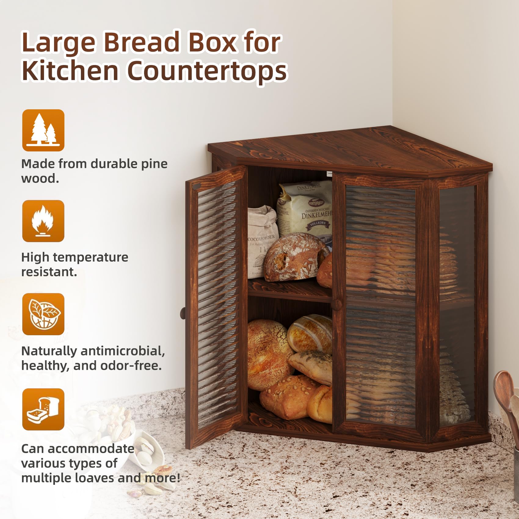 WouZglk bread box on countertop in kitchen setting
