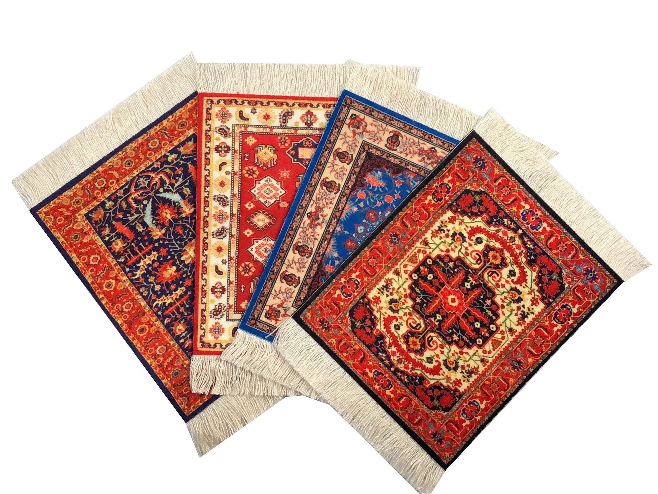Wovenrugs Persian design coaster set with fringe protecting a wooden table