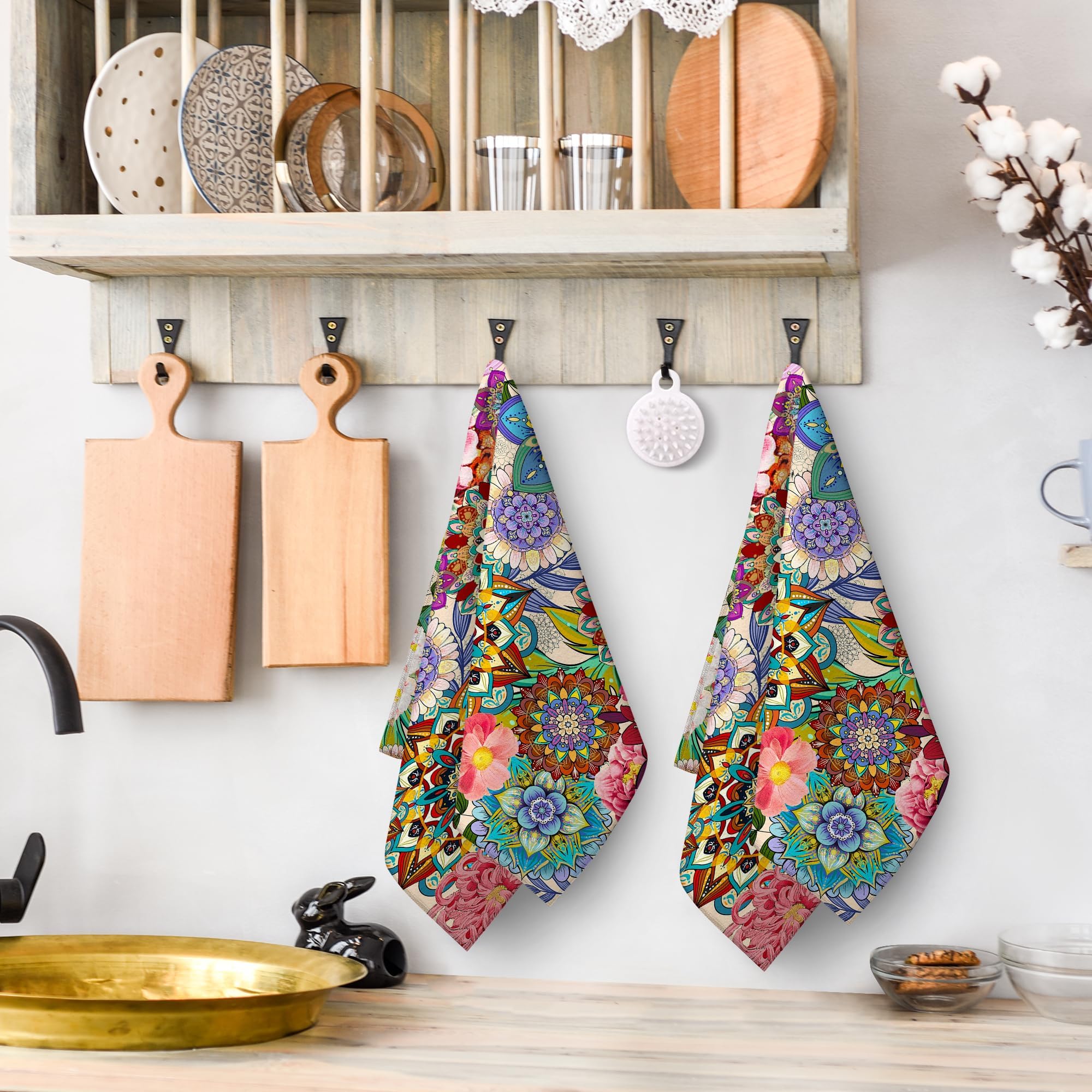Close-up of Wovoto floral print towels adding cheerful color to the kitchen.