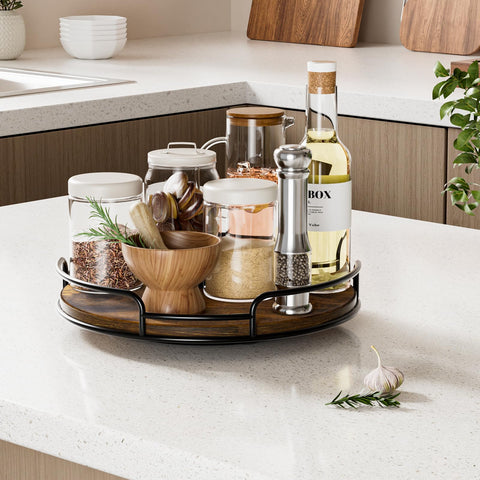 WOWBOX wood turntable on a cabinet demonstrates organized storage and even spacing.