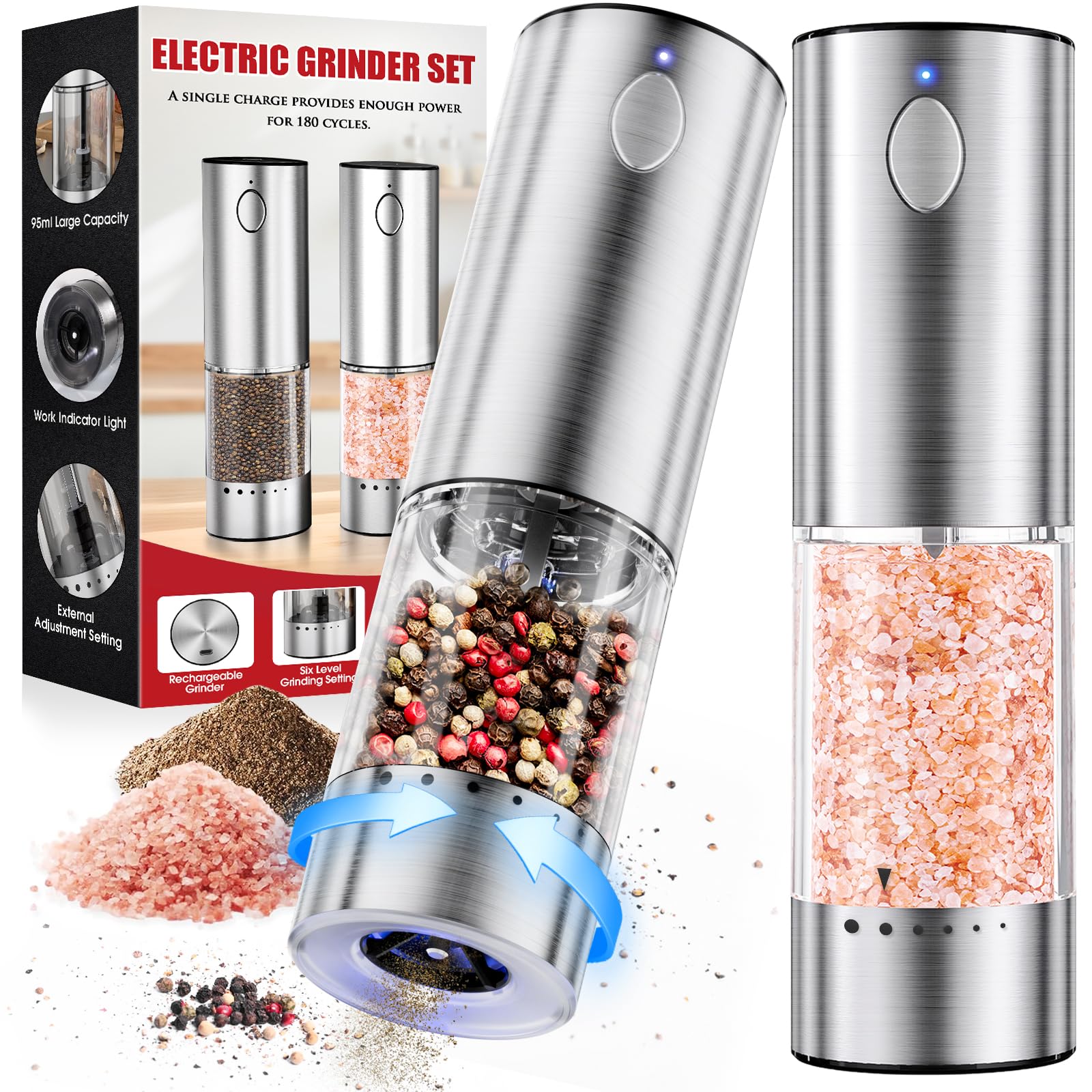 WOWBOX electric grinder set with stainless steel finish for quick, even seasoning.