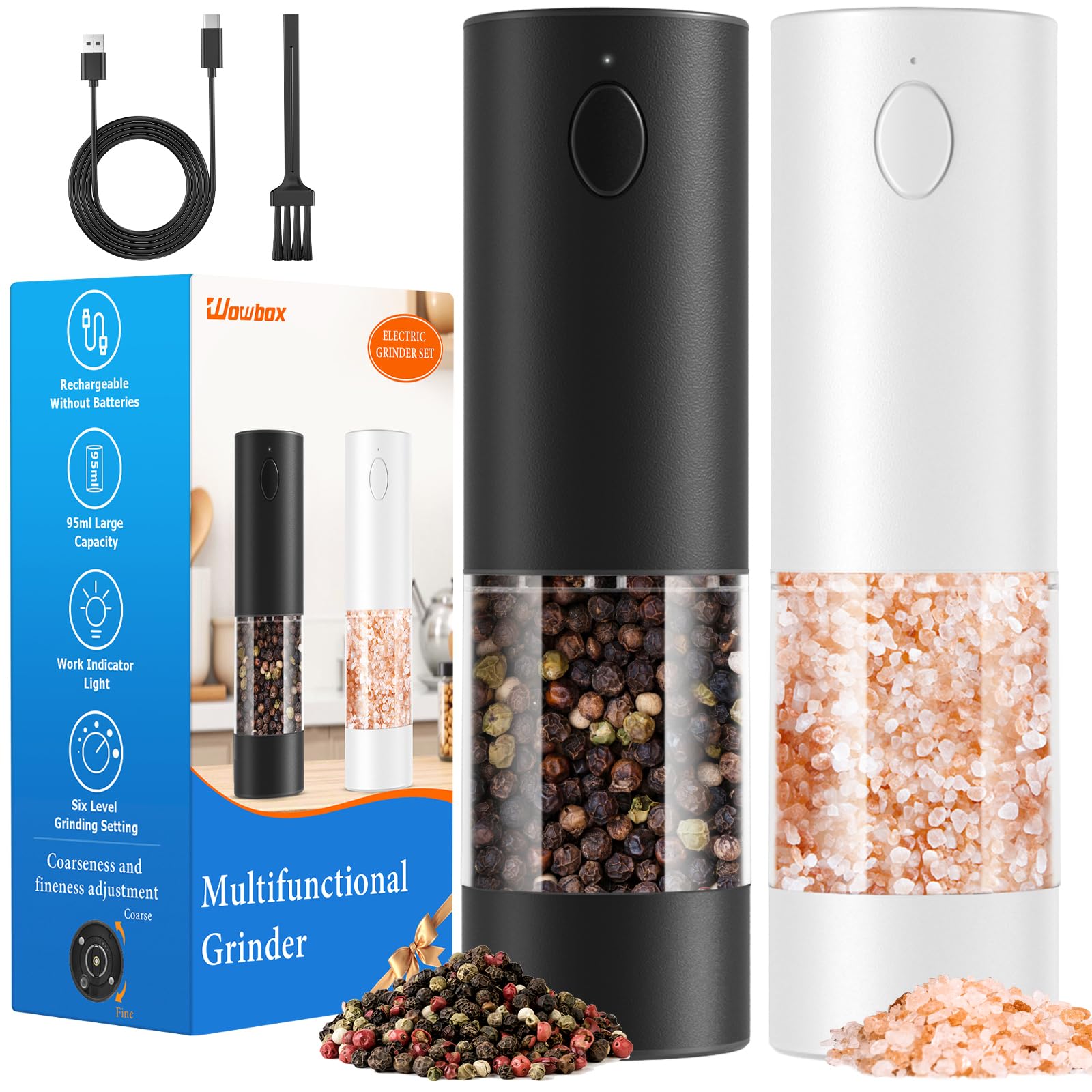 WOWBOX electric salt and pepper grinder set, assembled view, ideal for quick everyday seasoning.