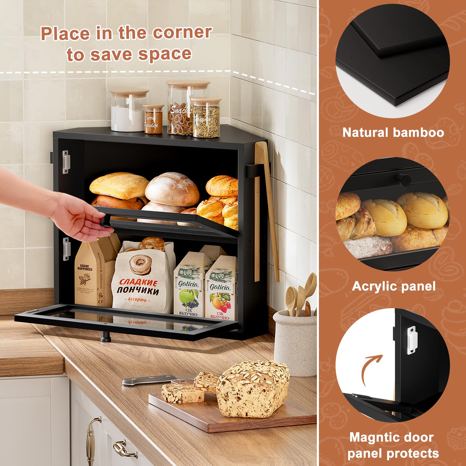 WOWLIVE bread box magnetic lock door with clear acrylic panel.