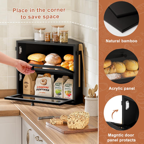 WOWLIVE bread box magnetic lock door with clear acrylic panel.