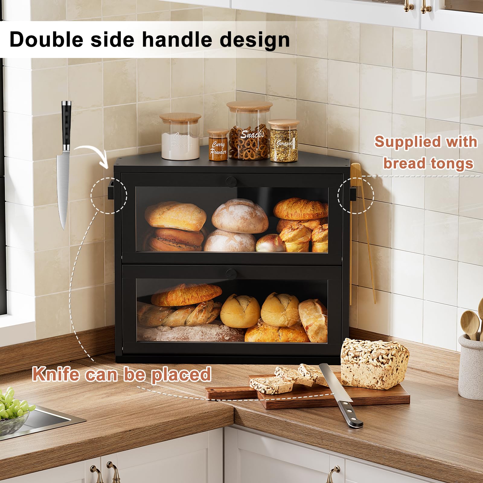 WOWLIVE corner bread box inner view displaying dual shelves.