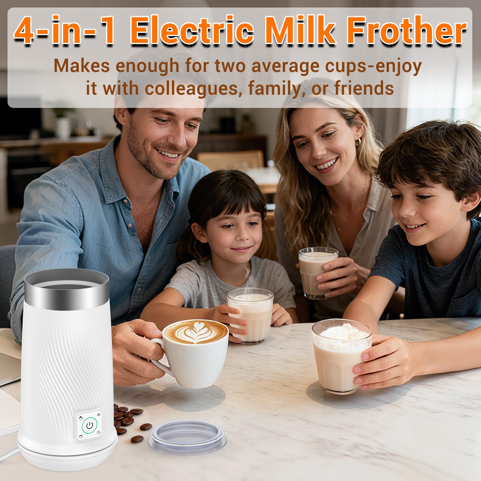 Wowteam Milk Frother latte foam detail highlights rich texture for drinks.