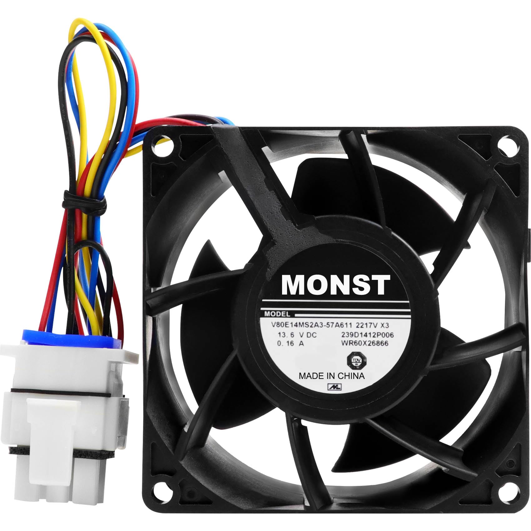 WR60X26866 evaporator fan motor close-up showing safe materials for GE refrigerators.