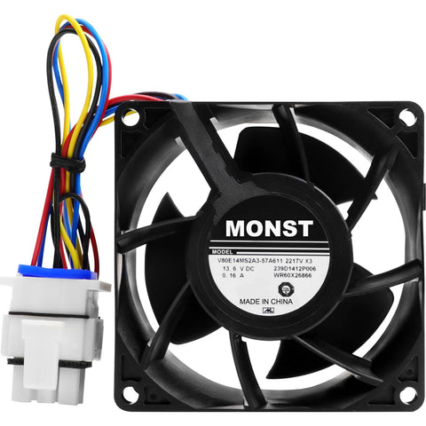 WR60X26866 evaporator fan motor close-up showing safe materials for GE refrigerators.