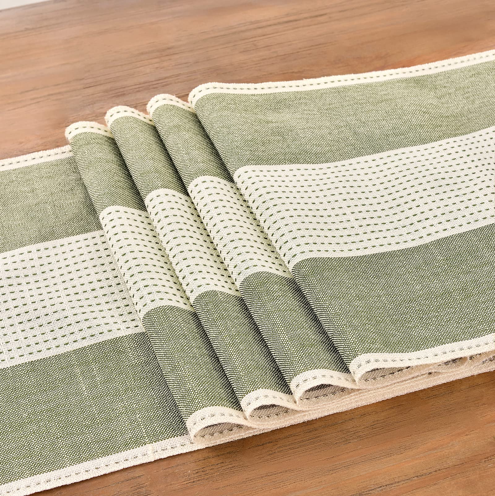 Wracra farmhouse macrame edge with cream and green details adds handcrafted charm.