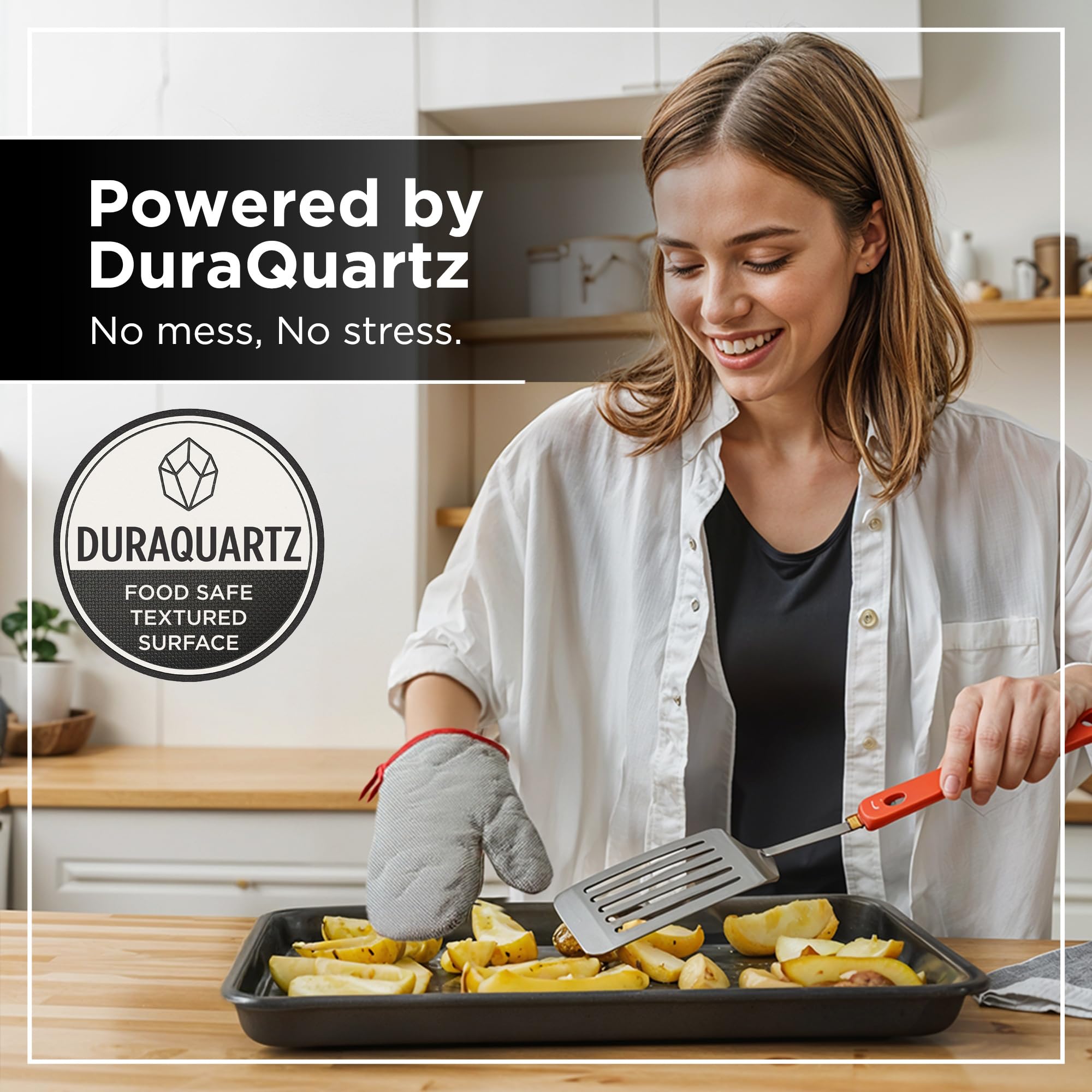 Wrenbury DuraQuartz non-stick texture helps baked goods slide out effortlessly.