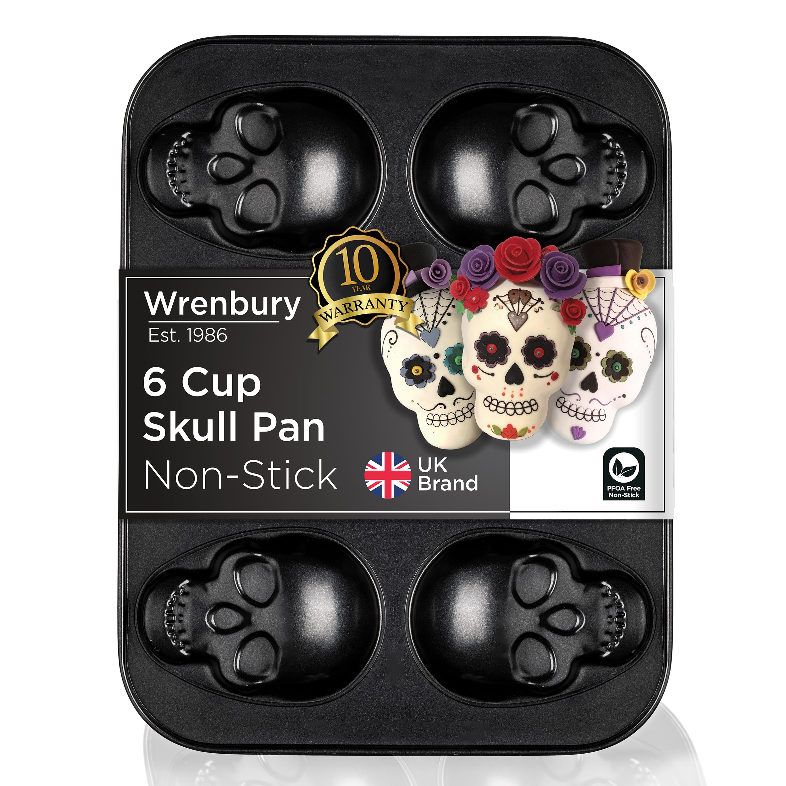 Wrenbury skull baking pan for six cupcakes with even heat distribution.