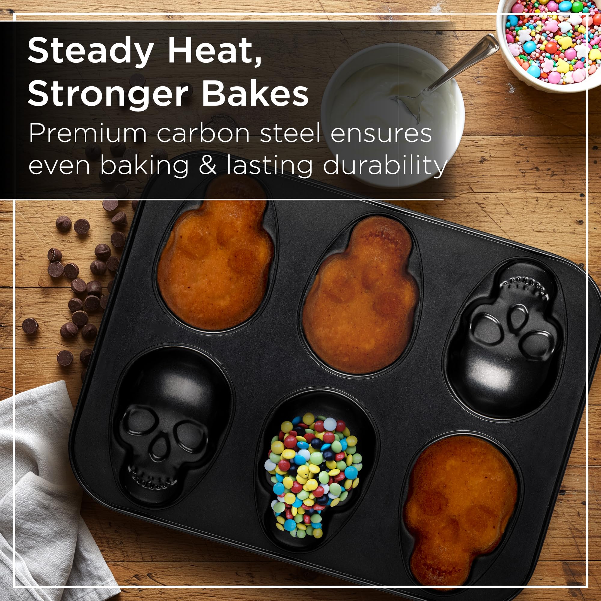 Wrenbury skull cupcake mold with nonstick coating for easy release.