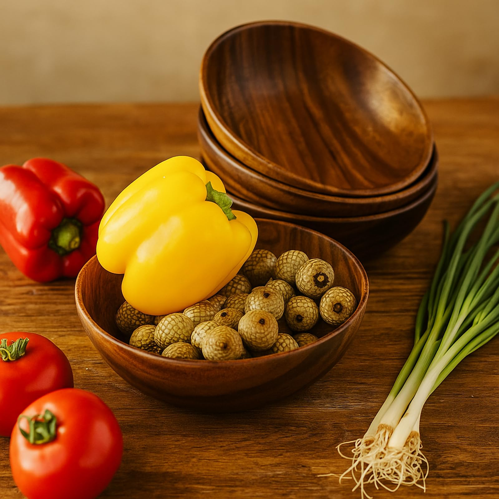 WRIGHTMART acacia wood bowls collection on table, ideal for salads and sides