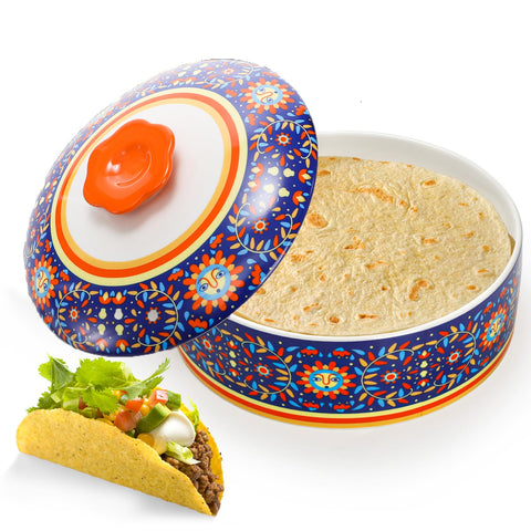 WRINGKIT ceramic tortilla warmer with lid, 8.5-inch capacity, ready to serve warm tortillas.