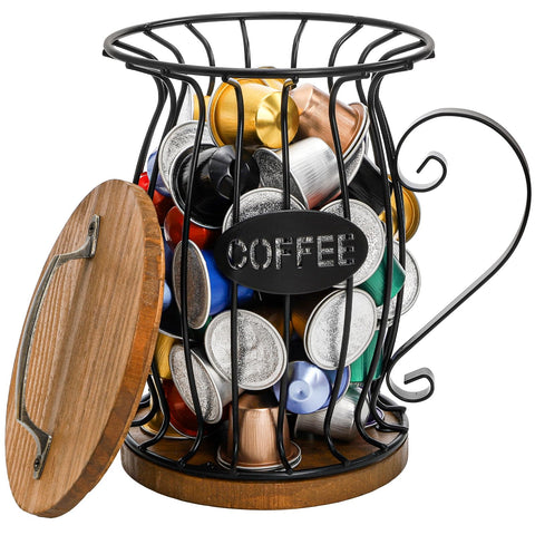 WRINGKIT Rustic coffee pod holder with lid on a counter showing organized space and accessibility