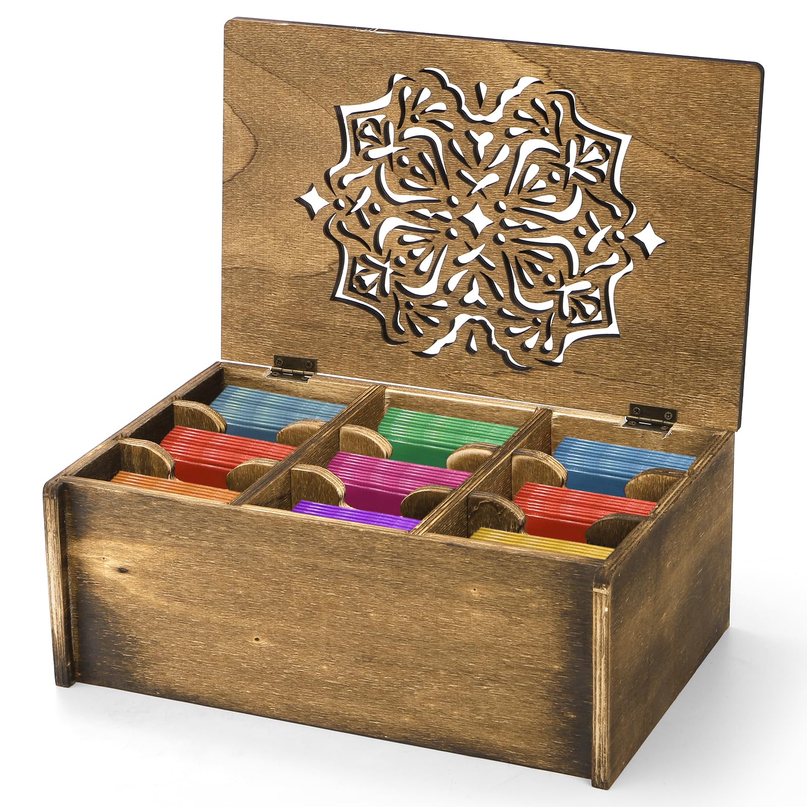 WRINGKIT tea bag organizer in a wooden box with nine compartments for variety and easy access