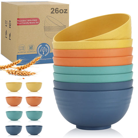 Wrova 8-piece wheat straw bowl set, 26oz, durable and non-toxic for daily meals