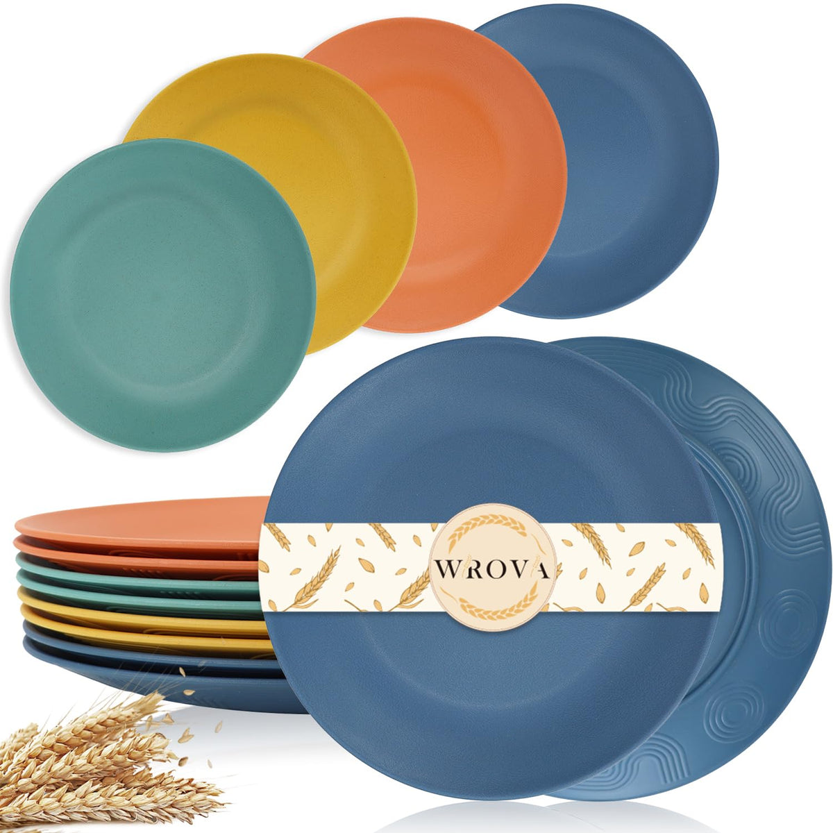 Wrova 10-inch wheat straw plates set for home and outdoors, unbreakable durability