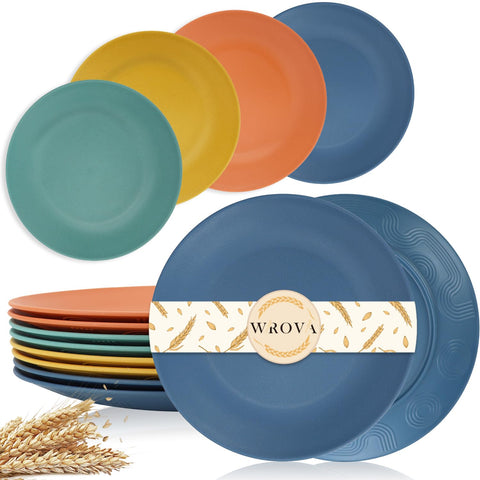 Wrova 10-inch wheat straw plates set for home and outdoors, unbreakable durability