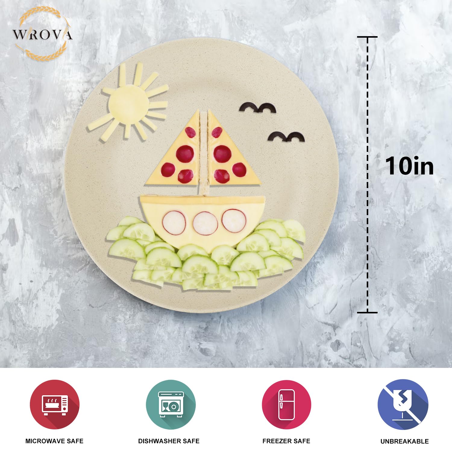 Wrova beige wheat straw plates, lightweight and stackable for camping or travel.
