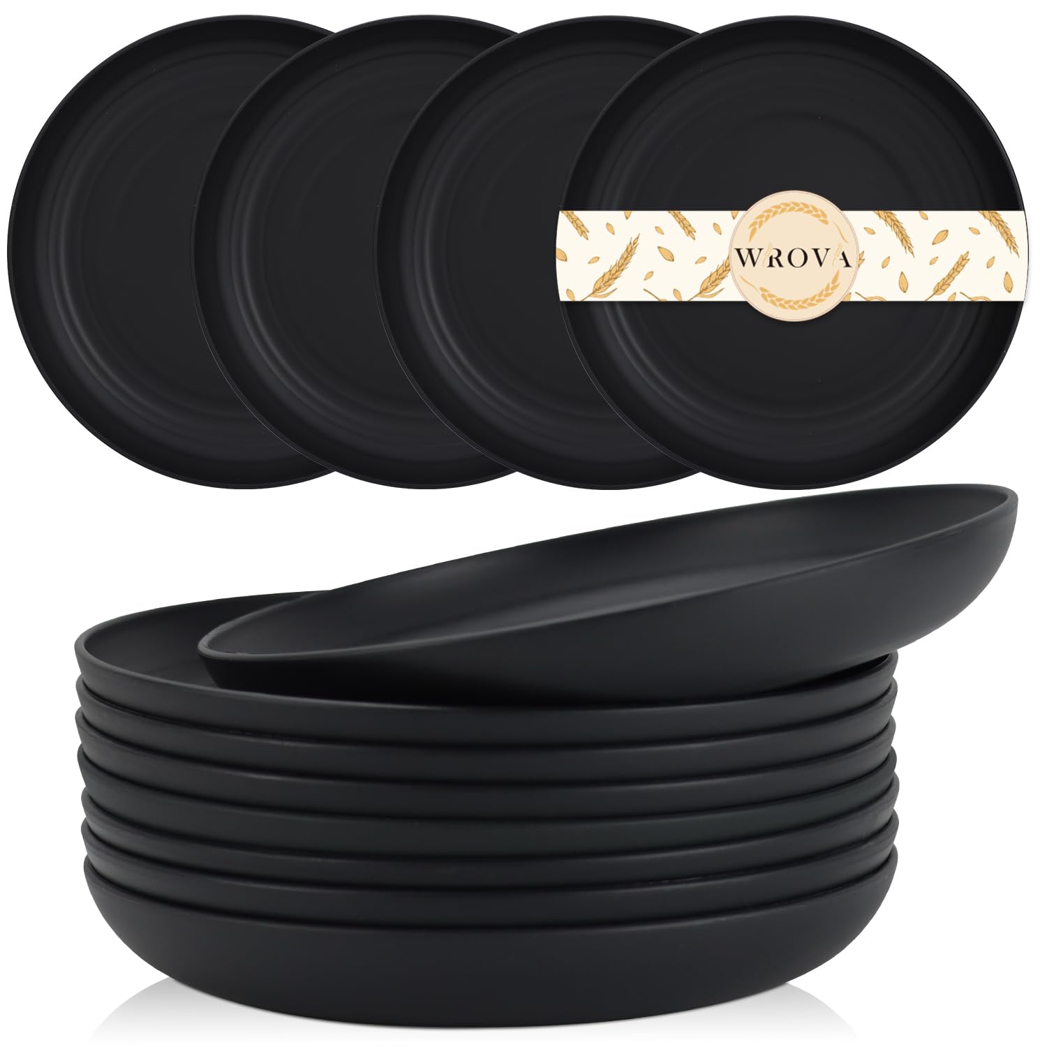 Wrova Wheat Straw Plates flat view in black, ideal for everyday dining, durable alternative to ceramic