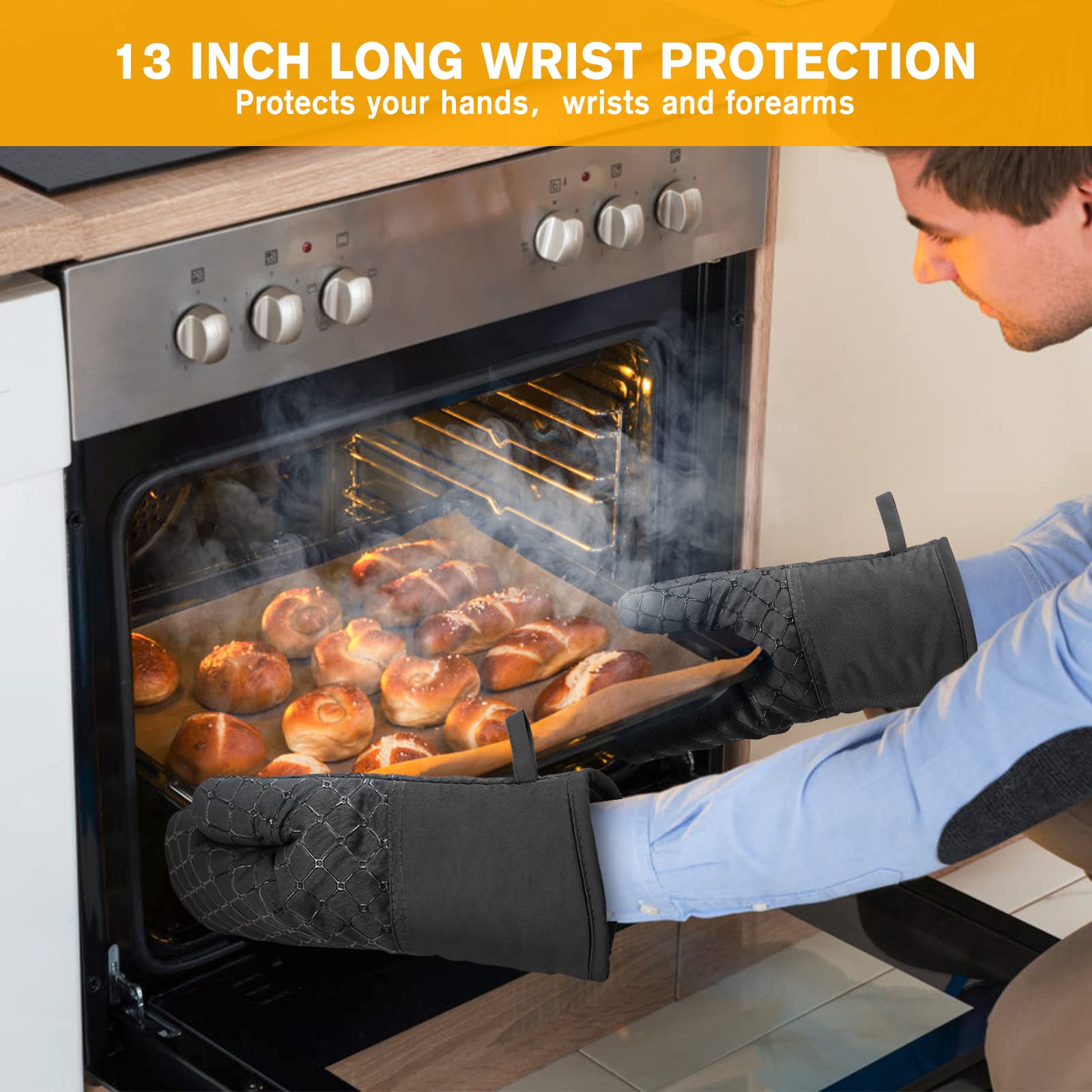 Wsedor long 13-inch oven mitts provide extended protection during cooking.