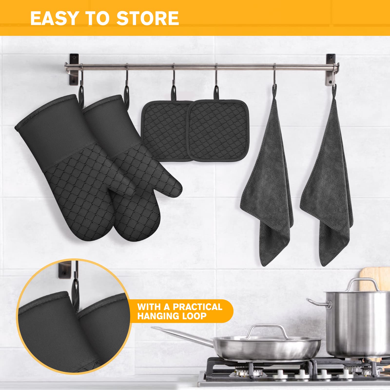 Wsedor 6-piece set combines mitts, holders, and towels for complete kitchen protection.