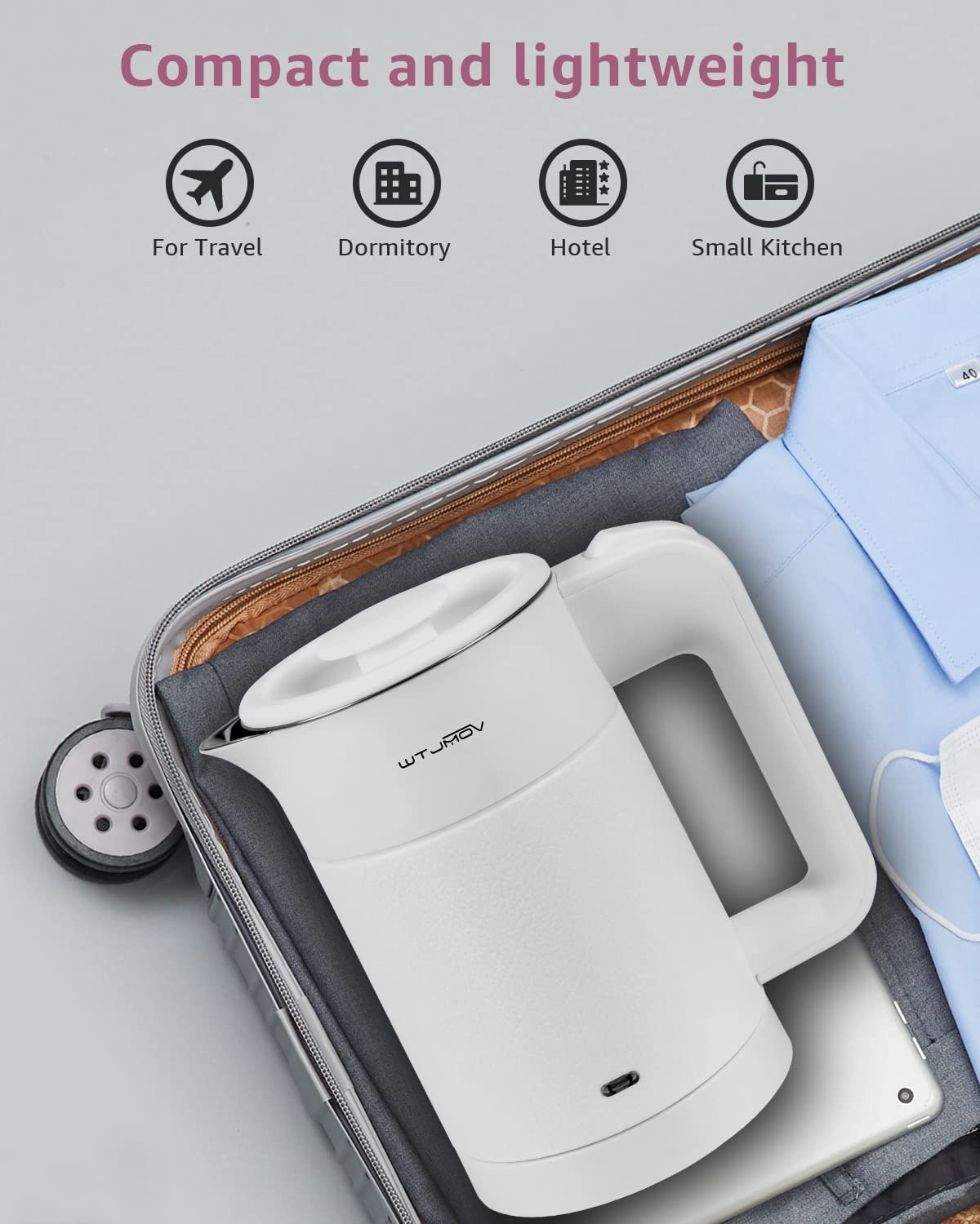 WTJMOV compact kettle on a desk, ideal for office use.