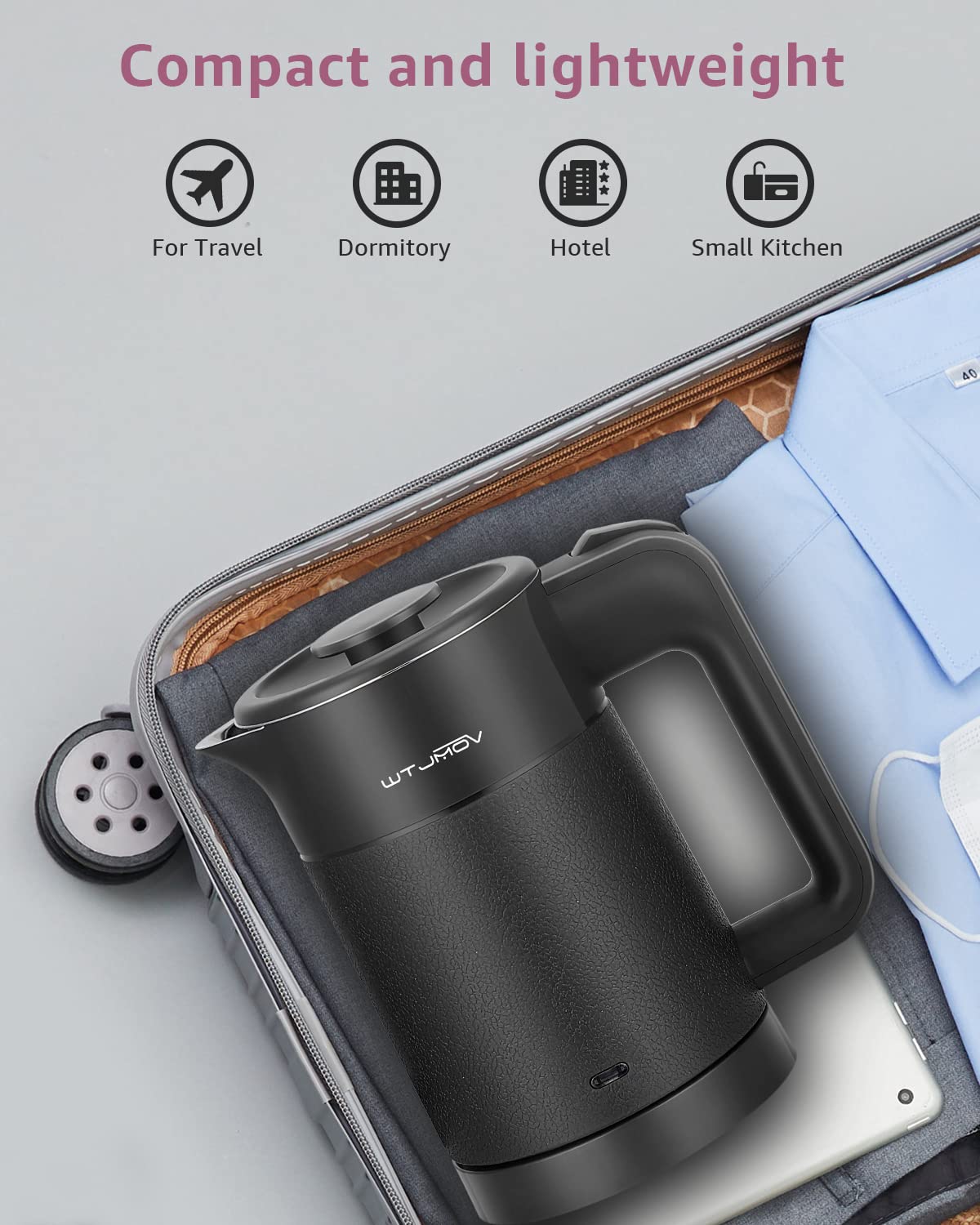 WTJMOV compact kettle fits easily in a bag for travel.