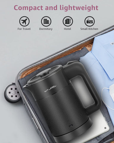 WTJMOV compact kettle fits easily in a bag for travel.