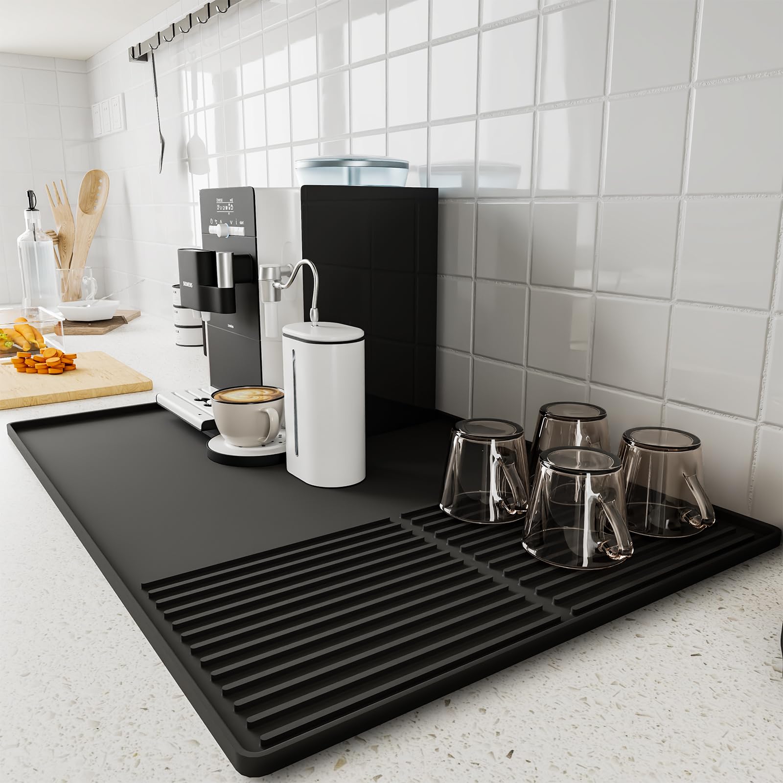 WUDIALIEN silicone coffee mat with raised edge protecting countertops from spills