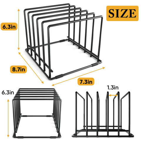 WUGEUSCH cutting board and bakeware holder secures thin pans for easy access.
