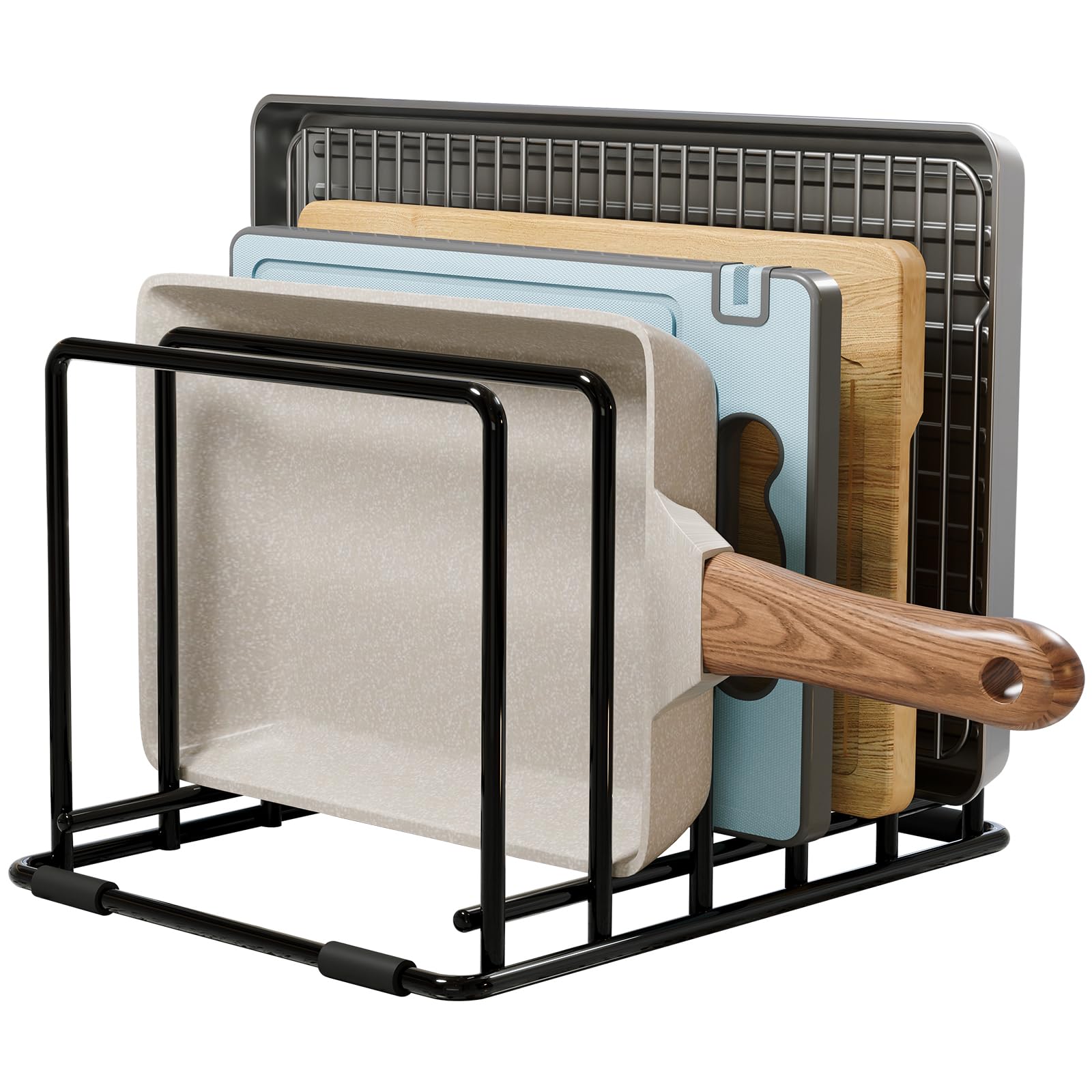 WUGEUSCH kitchen pan organizer side view with slim 1.3 in slots for secure storage