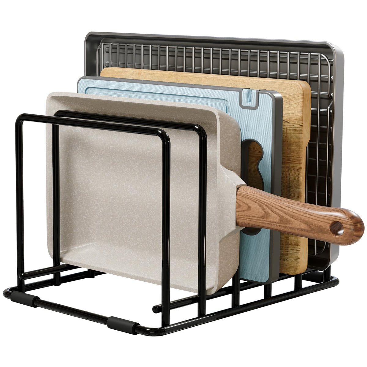 WUGEUSCH kitchen pan organizer side view with slim 1.3 in slots for secure storage