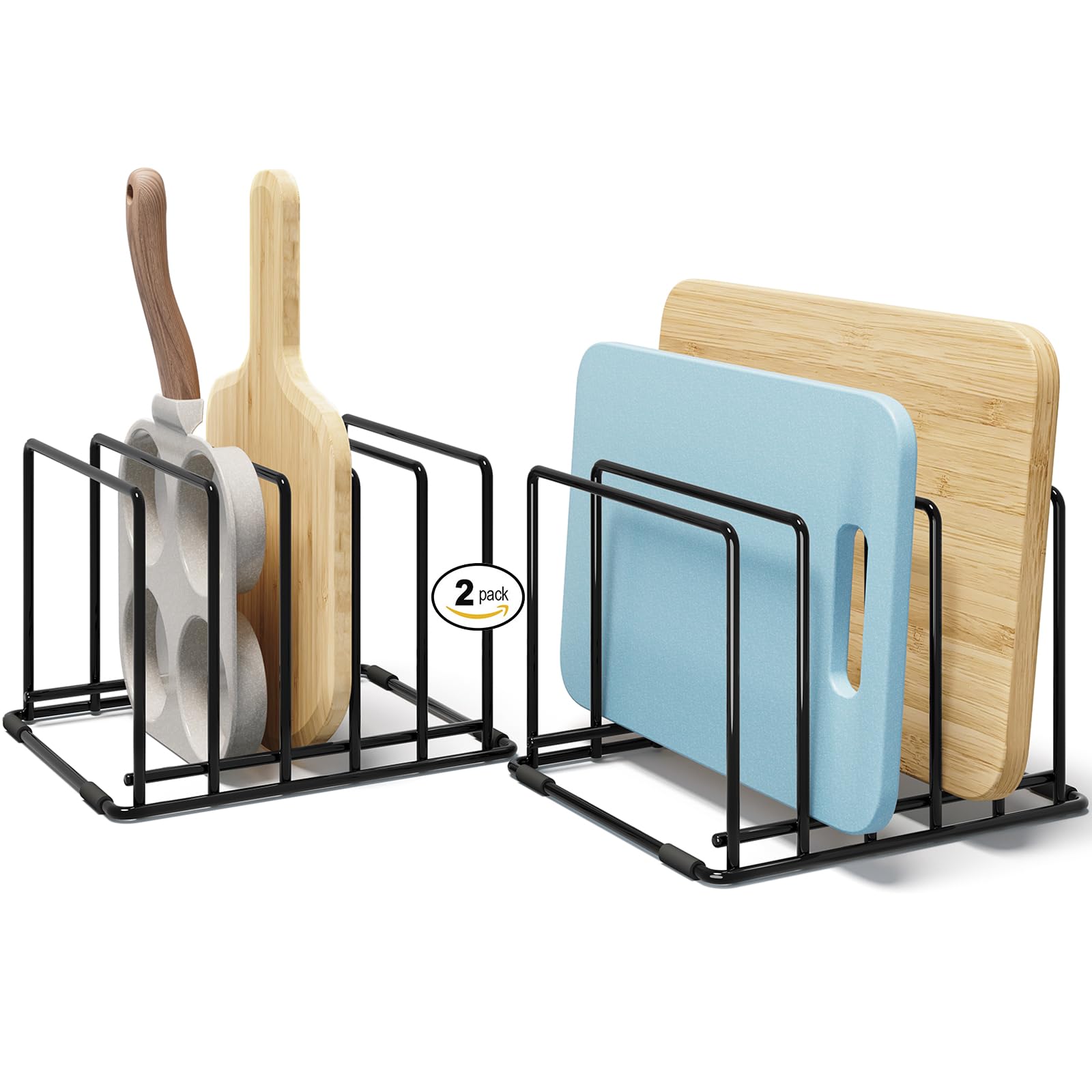 WUGEUSCH space-saving 5-slot rack keeps pans neatly organized on the counter.
