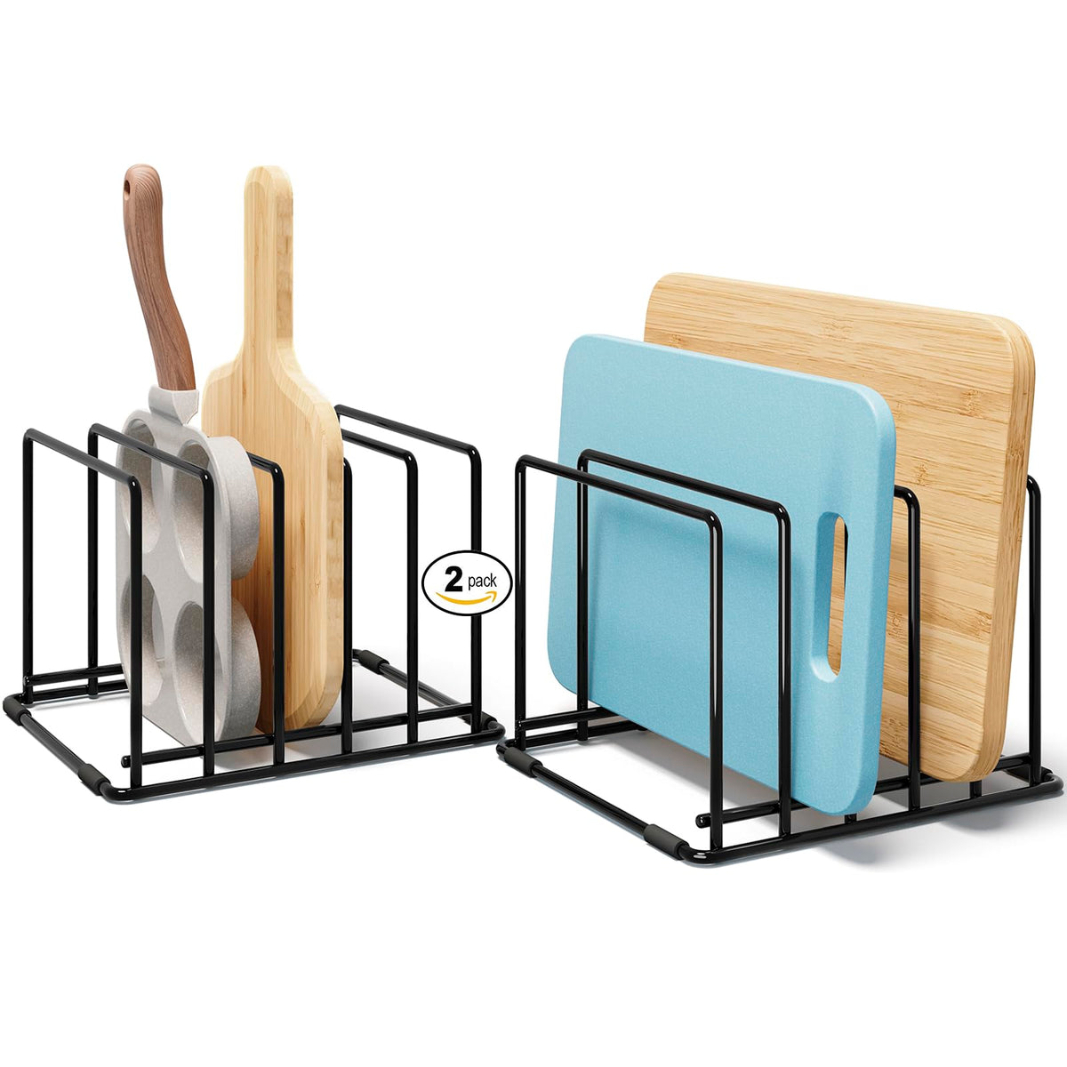 WUGEUSCH space-saving 5-slot rack keeps pans neatly organized on the counter.
