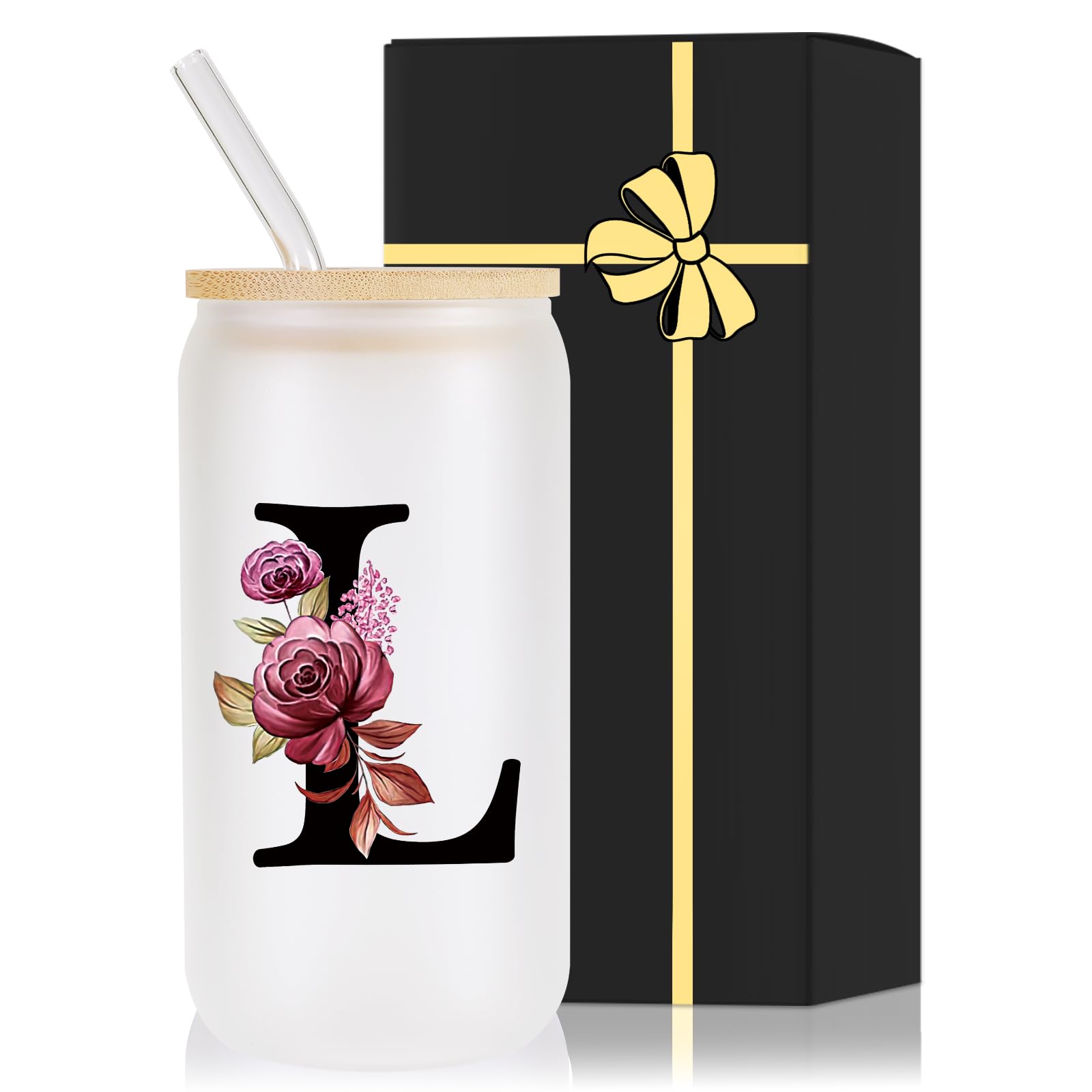 Wulcea monogrammed glass cup with lid and straw for personalized daily use.