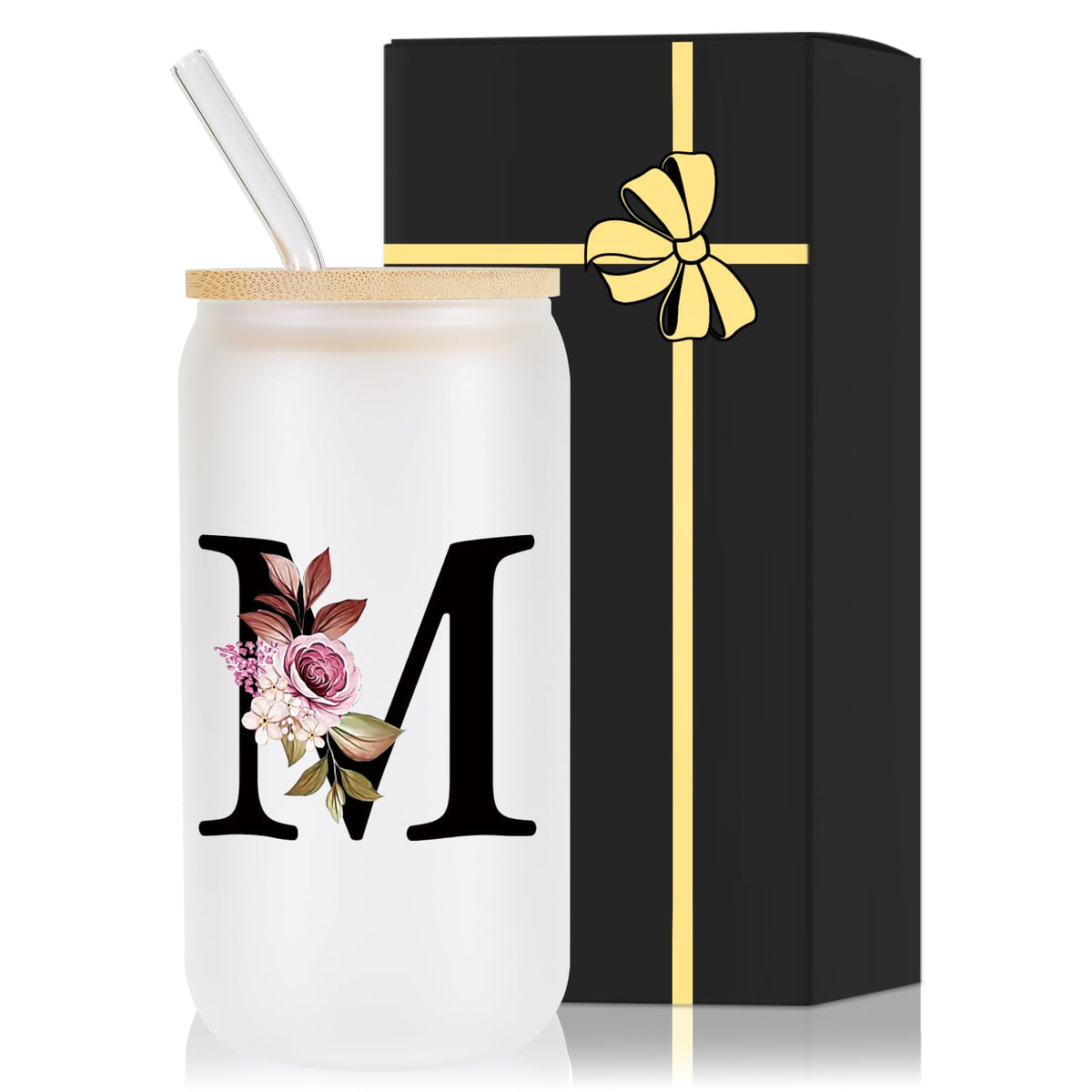 Wulcea monogrammed glass cup with lid and straw for personalized daily hydration.