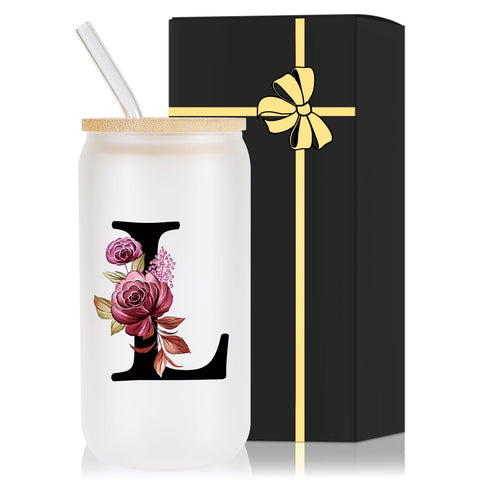 Wulcea monogrammed glass cup with lid and straw for personalized daily use.