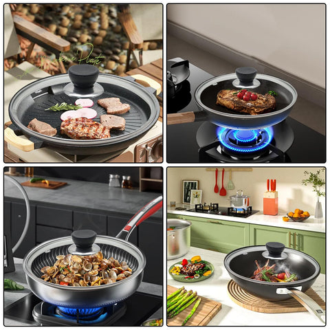 Wulitaotao 12-inch pan lid clear visibility helps monitor cooking.