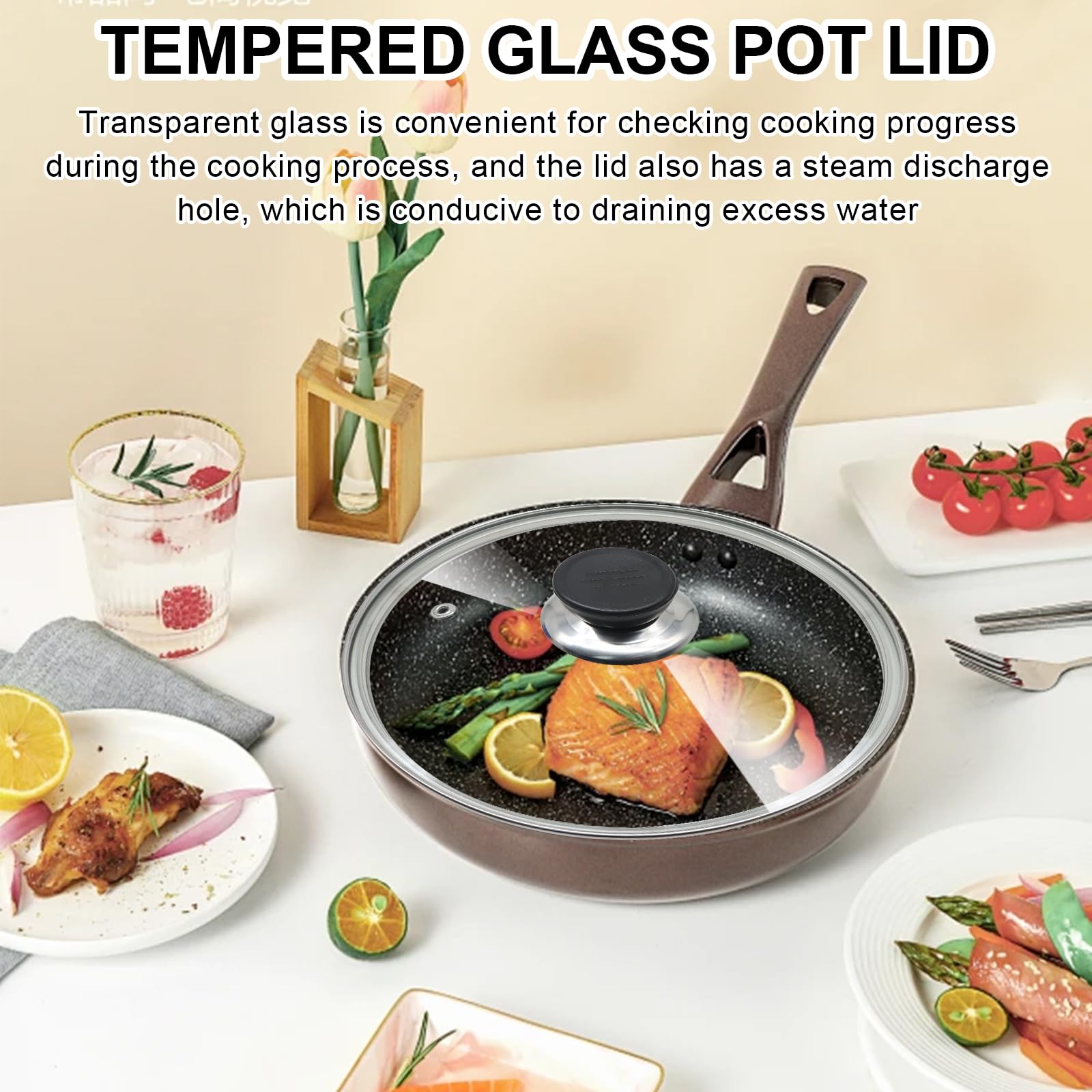 Wulitaotao 12-inch pan lid dishwasher safe for quick cleanup.
