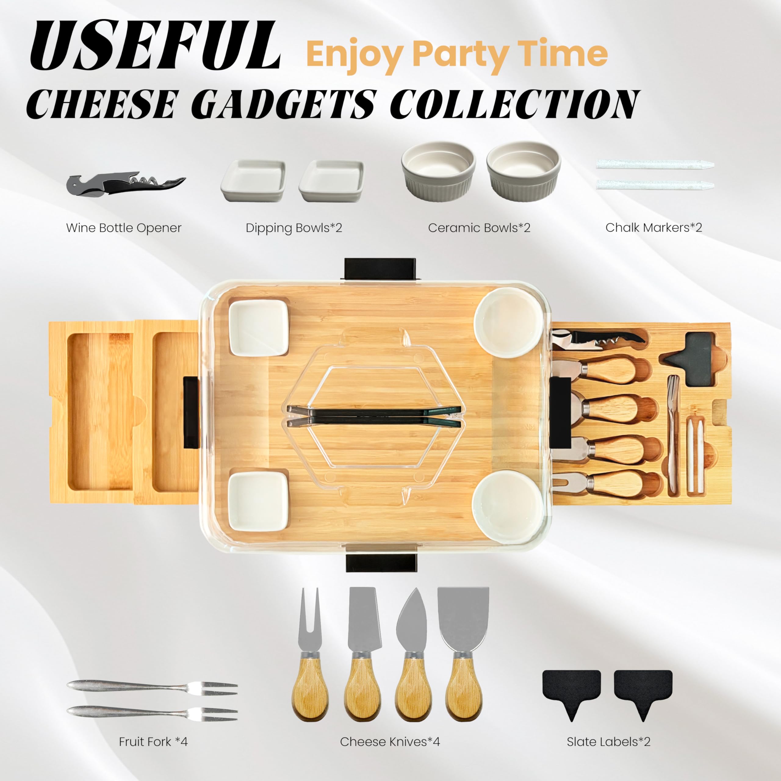 Wulumi bamboo board with lid open, showcasing storage and serving space.