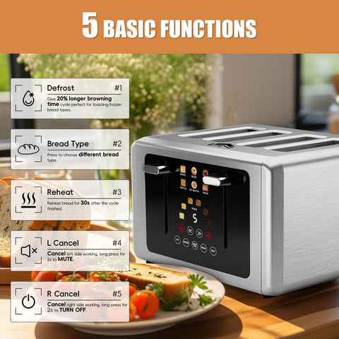 WUNLY 4 Slice Toaster bagel/defrost/reheat mode toasts efficiently while preserving texture and warmth.