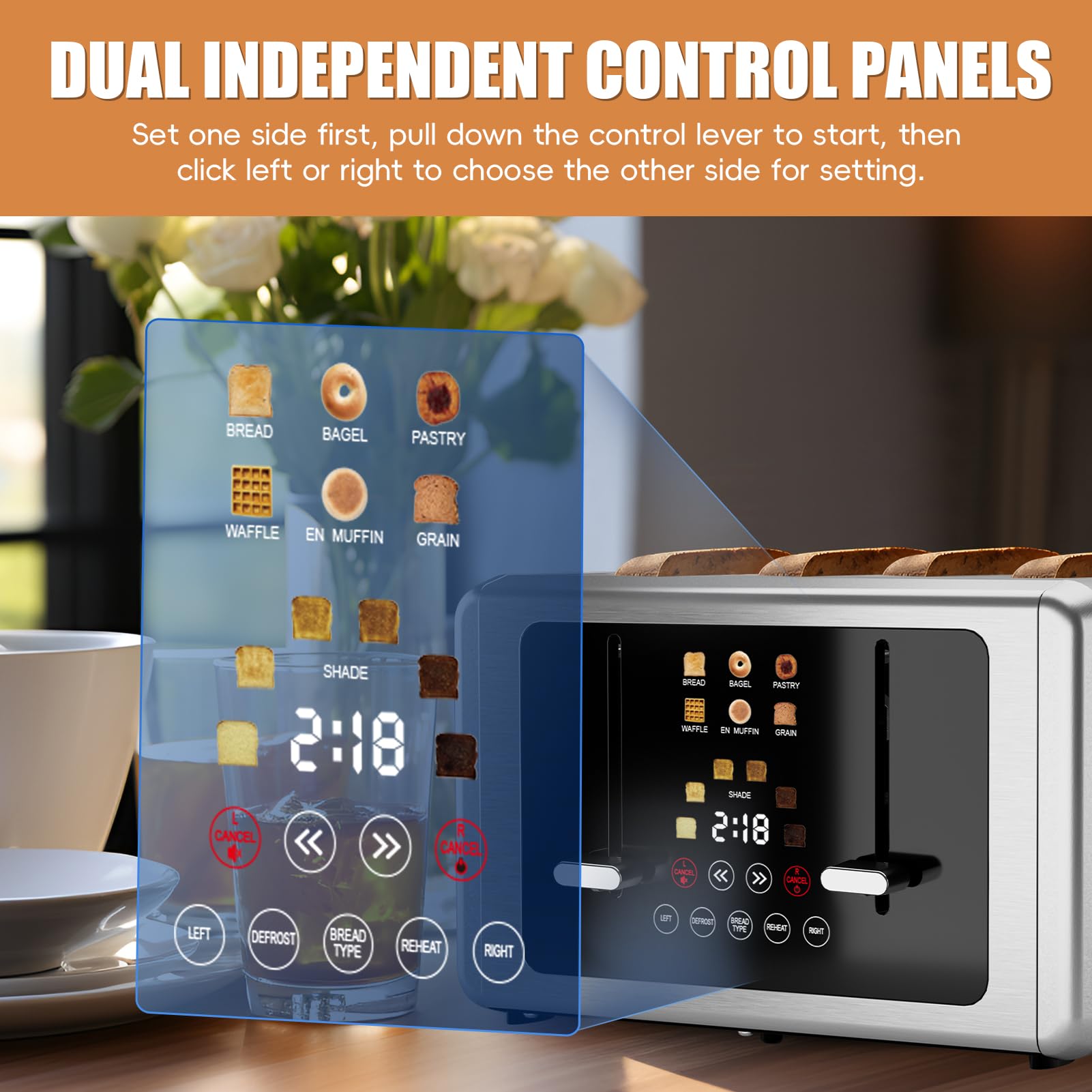 WUNLY 4 Slice Toaster dual control panel enables independent settings for each pair of slots.