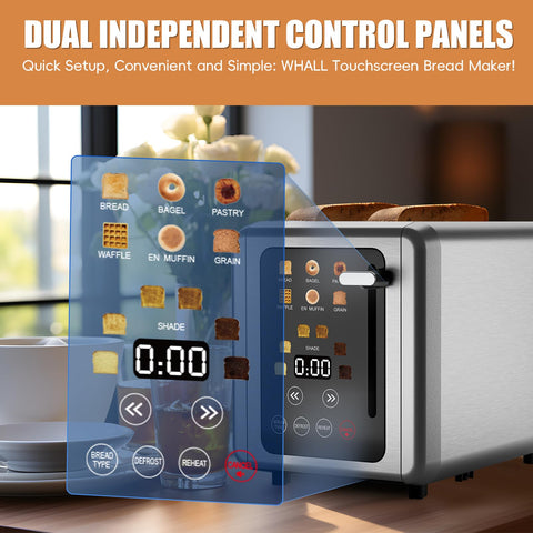 WUNLY touchscreen toaster 2-slice digital panel close-up highlights easy settings.