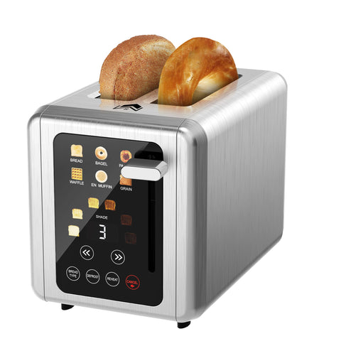 WUNLY touchscreen toaster 2-slice front view for precise browning control.