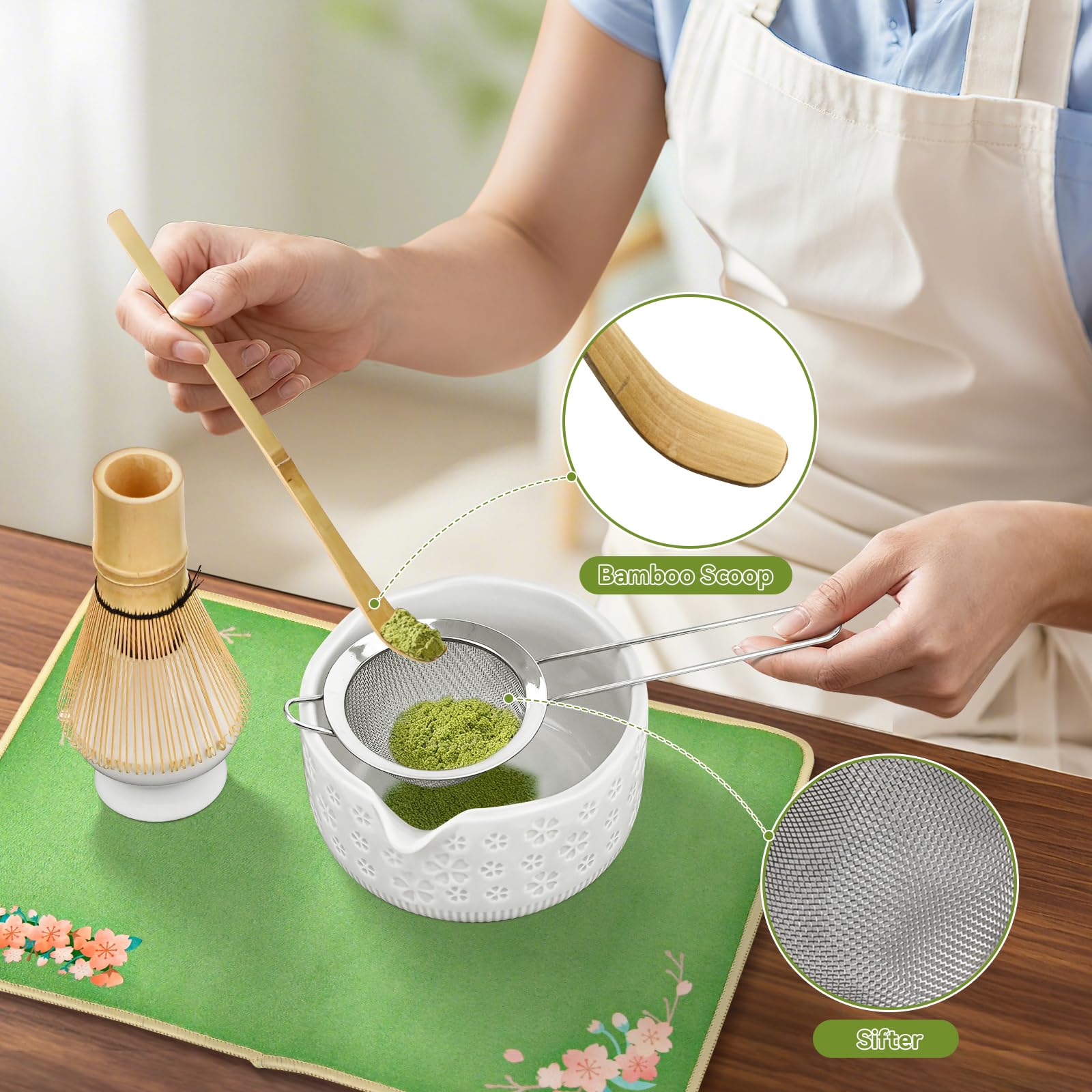 Wurmenin bamboo whisk with holder keeps whisk ready and upright.