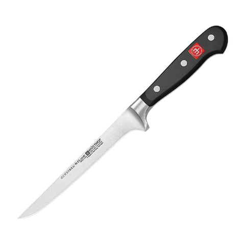 Wüsthof Classic boning knife POM handle close-up emphasizing durable grip.