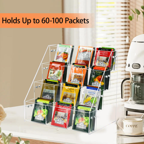 Wuudy kitchen countertop tea organizer within easy reach in the kitchen.